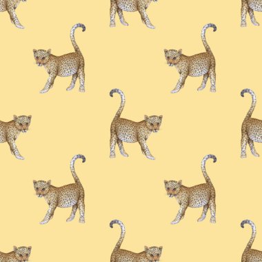 Leopar. Tekstil ve ambalaj kağıtları için sevimli hayvanlarla suluboya desenli.