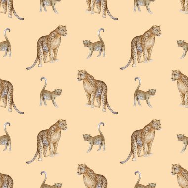 Leopar. Tekstil ve ambalaj kağıtları için sevimli hayvanlarla suluboya desenli.