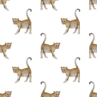 Leopar. Tekstil ve ambalaj kağıtları için sevimli hayvanlarla suluboya desenli.