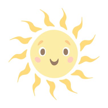 Vektör güneş. Beyaz bir arka planda sevimli çocukların çizimi. Neşeli turuncu güneş gülümsüyor