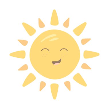 Vektör güneş. Beyaz bir arka planda sevimli çocukların çizimi. Neşeli turuncu güneş gülümsüyor