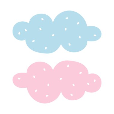 Mavi ve pembe bulutlar. Beyaz arkaplanda izole edilmiş pembe ve mavi bulutların sevimli temsili