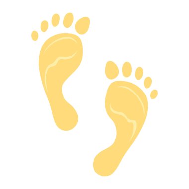 İnsan ayak izleri. Beyaz arka planda izole edilmiş kumdaki insan ayak izlerinin güzel bir temsili. Yaz ve deniz temalı çizimler