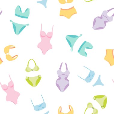 swimsuit, beach, sea, summer, palm trees, rainbows, sun. Vector summer pattern in pastel colors on a white background in flat style. Vector illustration on the theme of rest and travel