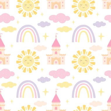 Şato, gökkuşağı, çiçekler, bulutlar. Beyaz zemin üzerinde düz şekilli şirin vektörsüz desen. Tekstil için resim, çocuk odası, kağıt ambalaj.