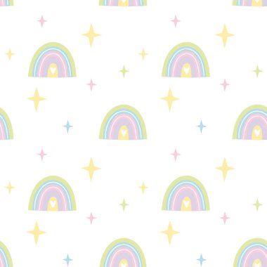 Düz gökkuşağı, çiçekler. Beyaz zemin üzerinde düz şekilli şirin vektörsüz desen. Tekstil için resim, çocuk odası, kağıt ambalaj.