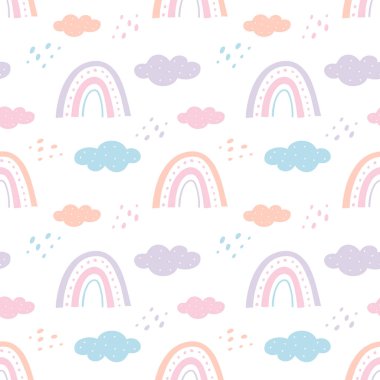 Düz gökkuşağı, çiçekler. Beyaz zemin üzerinde düz şekilli şirin vektörsüz desen. Tekstil için resim, çocuk odası, kağıt ambalaj.