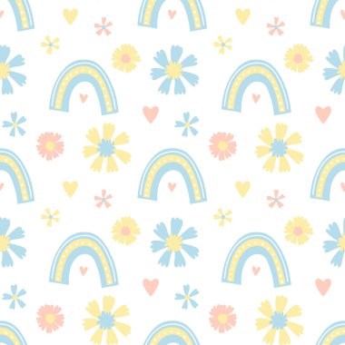 Düz gökkuşağı, çiçekler. Beyaz zemin üzerinde düz şekilli şirin vektörsüz desen. Tekstil için resim, çocuk odası, kağıt ambalaj.