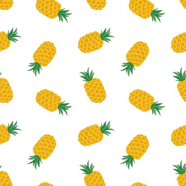 Ananas. Beyaz arka planda meyveleri ve meyveleri düz bir şekilde olan şirin vektörsüz desen. Yaz tropikal meyvelerinin botanik çizimi