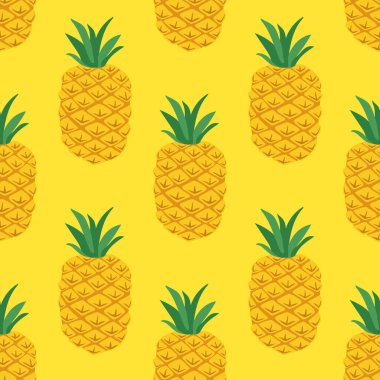 Ananas. Beyaz arka planda meyveleri ve meyveleri düz bir şekilde olan şirin vektörsüz desen. Yaz tropikal meyvelerinin botanik çizimi