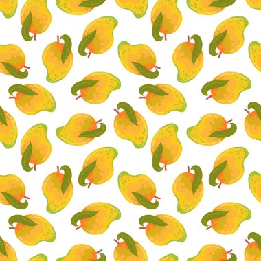 Mango deseni. Beyaz arka planda düz şekilli şirin vektörsüz desen. Botanik illüstrasyon