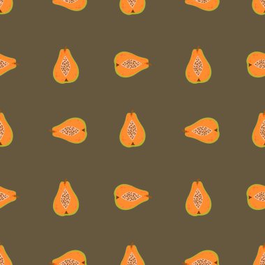 Papaya deseni. Beyaz arka planda düz şekilli şirin vektörsüz desen. Botanik illüstrasyon