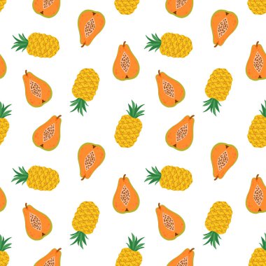 Papaya, ananas desenli. Beyaz arka planda düz şekilli şirin vektörsüz desen. Botanik illüstrasyon