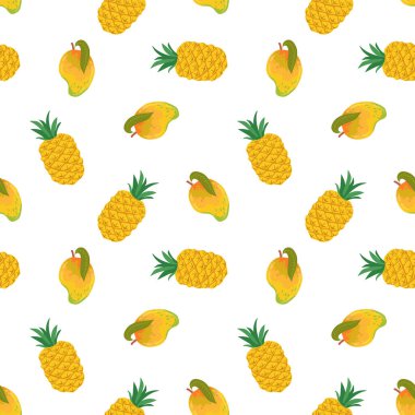 Mango, papaya, yabanmersini, ananas. Düz şekilli meyveli, pürüzsüz bir şekil. Gıda, beslenme ve tropikal meyvelerin şirin bir gösterimi.