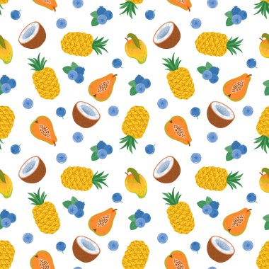 Hindistan cevizi, mango, ananas, yabanmersini, papaya. Beyaz arkaplanda düz bir şekilde vektörsüz desen. Tatlı besin örnekleri, tropikal meyveler.
