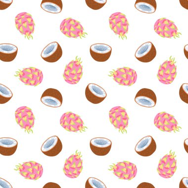 ejderha meyvesi, hindistan cevizi. Tropikal meyvelerle düz biçimdeki vektörsüz desen