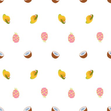 ejderha meyvesi, mango, hindistan cevizi. Beyaz zemin üzerinde tropikal meyveler bulunan düz biçimdeki vektörsüz desen