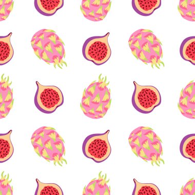 ejderha meyvesi, incir. Beyaz zemin üzerinde tropikal meyveler bulunan düz biçimdeki vektörsüz desen