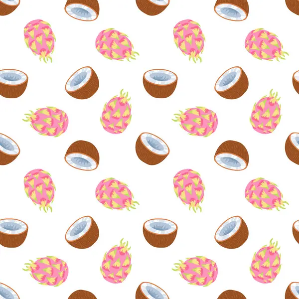 ejderha meyvesi, hindistan cevizi. Tropikal meyvelerle düz biçimdeki vektörsüz desen