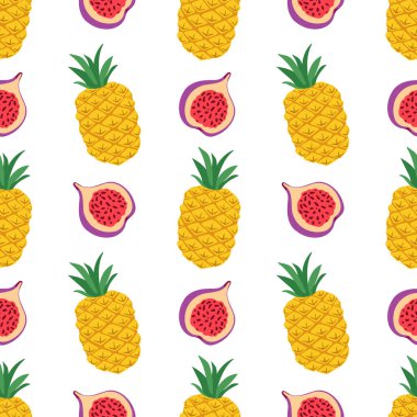 Ananas, incir. Beyaz zemin üzerinde düz şekilli tropikal meyvelerle şirin vektörsüz desen