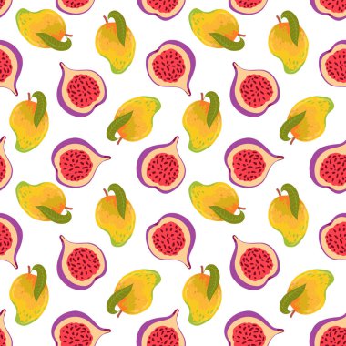 Mango, incir. Beyaz zemin üzerinde düz şekilli tropikal meyvelerle şirin vektörsüz desen