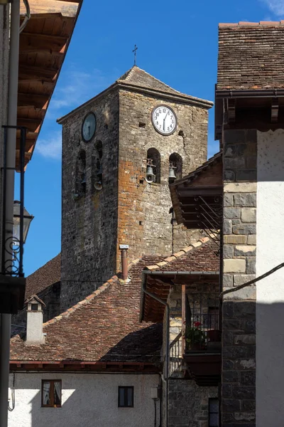 Belltower Church Old Town Beautiful Village Anso Pyrenees Region Huesca — Stock Photo, Image