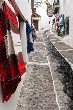 PAMPANERIA, GRANADA - SEPTEMBER 01, 2020: Alpujarra Bölgesi Pampaneira köyünün tipik ürünleri ile beyaz caddelerin görüntüsü. Granada, Endülüs, İspanya