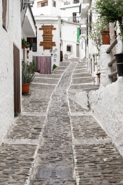PAMPANERIA, GRANADA - SEPTEMBER 01, 2020: Alpujarra Bölgesi Pampaneira köyünün beyaz caddelerinin görüntüsü. Granada, Endülüs, İspanya