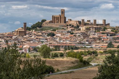 ARTAJONA, İSPAN - 08 Temmuz 2021: İspanya 'nın güzel Artajona köyünün manzarası.