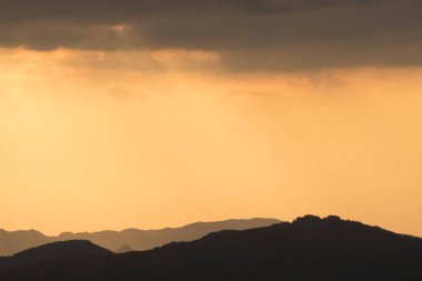 İspanya 'nın kuzeyindeki Riano Dağı' ndaki dağ ormanlarında günbatımı yağmuru.