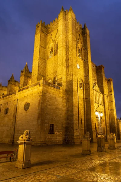 Cathédrale Ville Avila Patrimoine Mondial Unesco Illuminée Nuit Castilla Leon — Photo