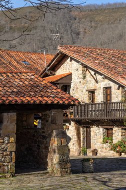 Güneşli bir günde Cantabria dağlarında geleneksel taş evleri olan Barcena Belediye Başkanı 'nın güzel köyü. Cantabria, İspanya.