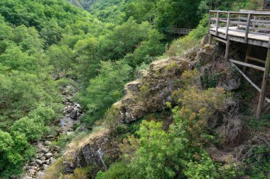 Ribeira Sacra, Ourense, Galiçya, İspanya 'daki Mao nehrinin kanyonundaki tahta patika.