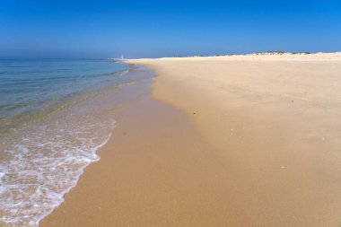 Portekiz 'in Algarve bölgesindeki Culatra adasının Idyllic plajında güneşli bir günde arka planda Farol' un ünlü deniz feneri var..