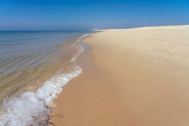 Portekiz 'in Algarve bölgesindeki Culatra adasının Idyllic plajında güneşli bir günde arka planda Farol' un ünlü deniz feneri var..