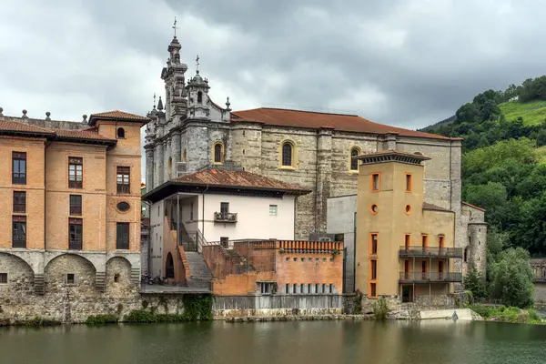 stock image Santa Maria church in the old town of the city of Tolosa since Oria river, Basque Country, Spain.