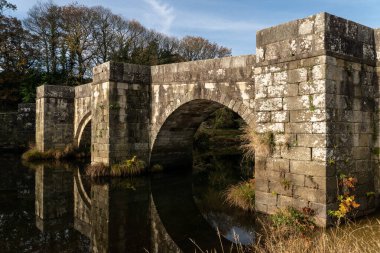 Brandomil Roma taş köprüsü İspanya 'nın Zas kentindeki suya yansıdı.