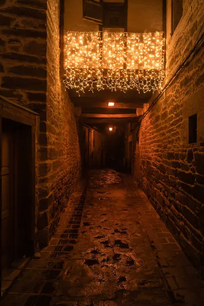 Zamora 'da Puebla de Sanabria' nın ortaçağ köyünün güzel caddesi, geceleri yılbaşı aydınlanmasıyla. İspanya