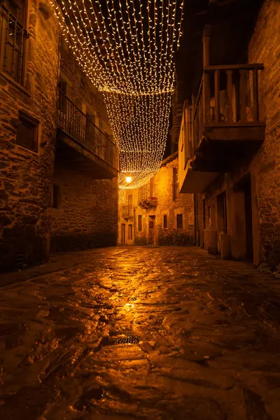 Zamora 'da Puebla de Sanabria' nın ortaçağ köyünün güzel caddesi, geceleri yılbaşı aydınlanmasıyla. İspanya