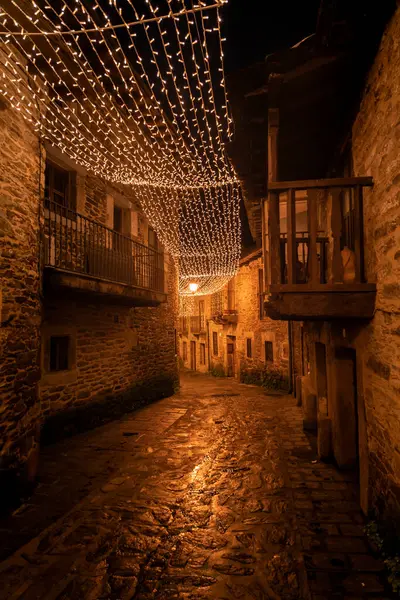 Zamora 'da Puebla de Sanabria' nın ortaçağ köyünün güzel caddesi, geceleri yılbaşı aydınlanmasıyla. İspanya