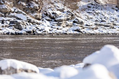 Önünde bulanık kar ve arka planında kayalık bir nehir yatağı olan bir nehrin kış manzarası.