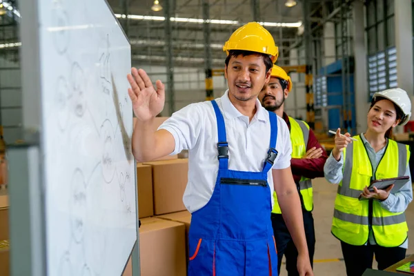 Asian warehouse worker use white board to explain about their team project workflow and look like they feel happy to work together with smiling.