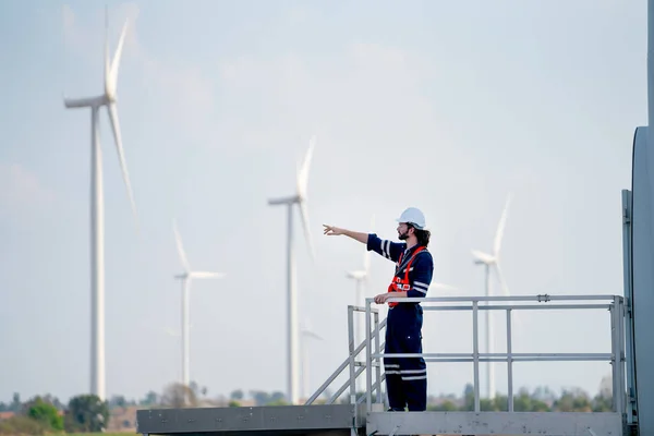 Engineer Man Technician Worker Stand Base Windmill Wind Turbine Point — Stock Photo, Image