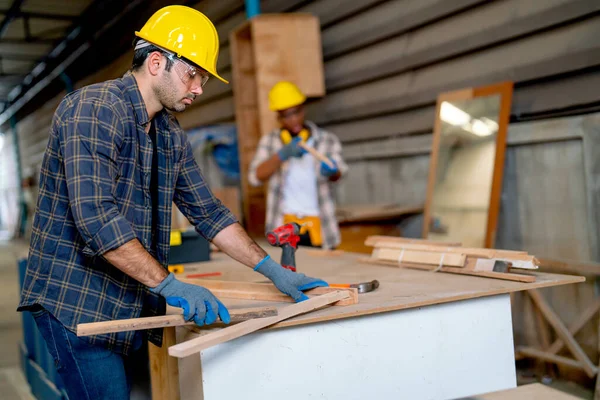 Professional Caucasian Carpenter Man Work Woodwork Front American African Worker — Stock Photo, Image