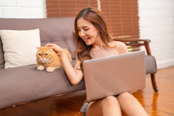 Beautiful Asian girl use laptop to work and sit near cat also fun to pat cat lie on sofa in living room of her house.