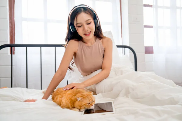Piękna Azjatycka Kobieta Słuchawką Siedzieć Poklepać Pomarańczowy Kot Który Leży — Zdjęcie stockowe