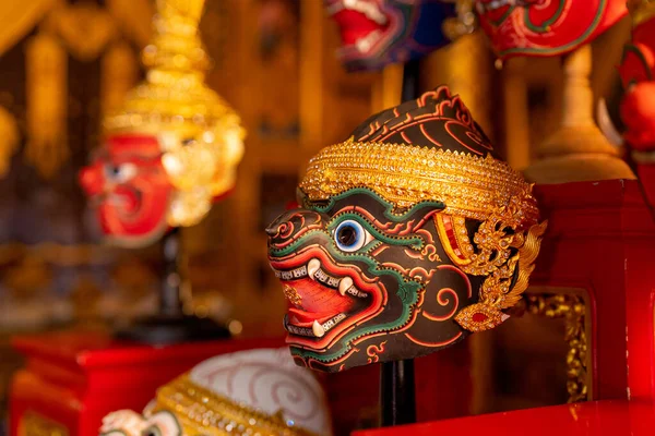 Close Beautiful Ancient Traditional Thai Pattern Pantomime Khon Masks Set — Stock Photo, Image