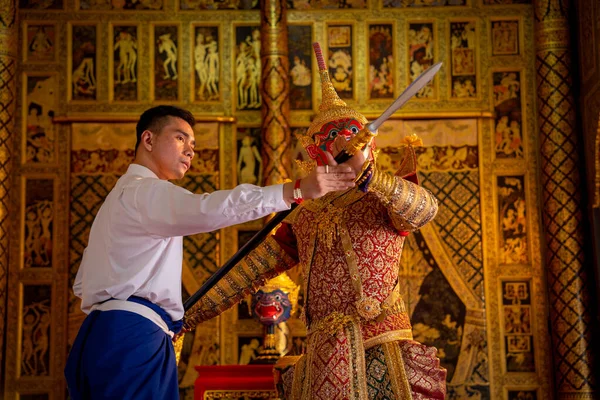 Close Asian Man Thai Style Cloth Action Teaching Man Wear — Stock Photo, Image