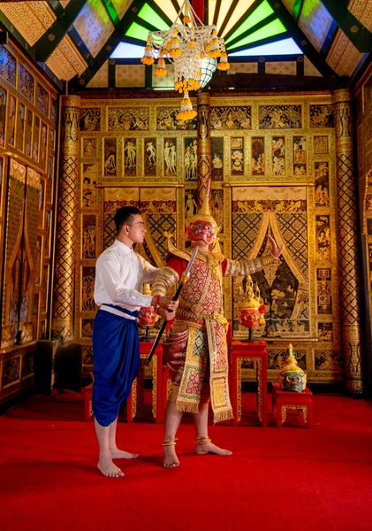 Asian Man Thai Style Cloth Action Teaching Man Wear Ancient — Stock Photo, Image