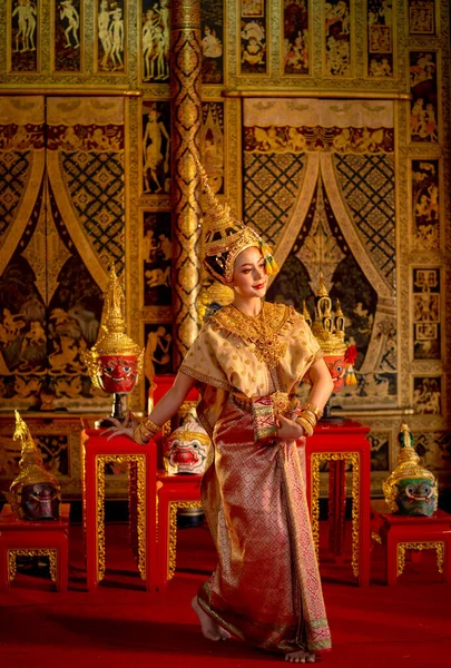 Vertical Image Asian Woman Wear Thai Ancient Traditional Dress Action — Stock Photo, Image